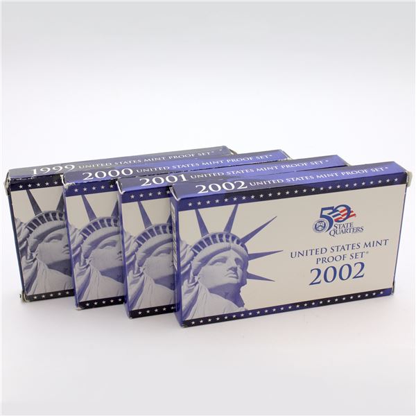 1999,2000,2001 & 2002 United states Proof set with original box and COA. 4pcs