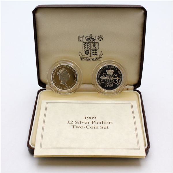 1989 United Kingdom Silver 2 pound "Piedfort" 2-coin proof set. This set commemorates the tercentena