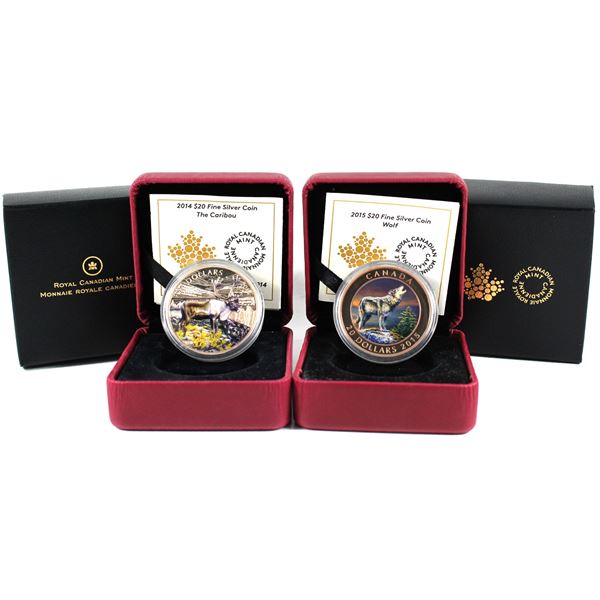 2014 Canada $20 The Caribou & 2015 $20 The Wolf Fine Silver Colourized Coins (Coins are toned & 2014