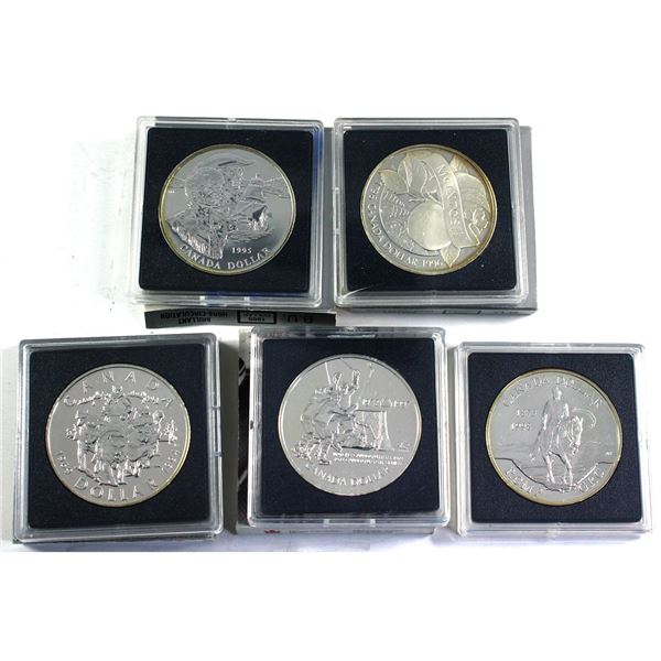 1994, 1995, 1996, 1997 & 1998 Canada Brilliant Uncirculated Silver Dollars (Coins may be toned and/o