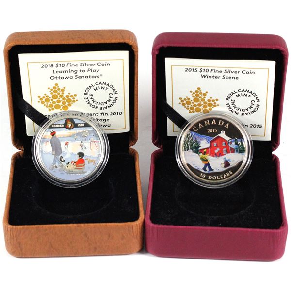 2015 Canada $10 Winter Scene & 2018 $10 Learning To Play - Ottawa Senators Fine Silver Coins Encapsu