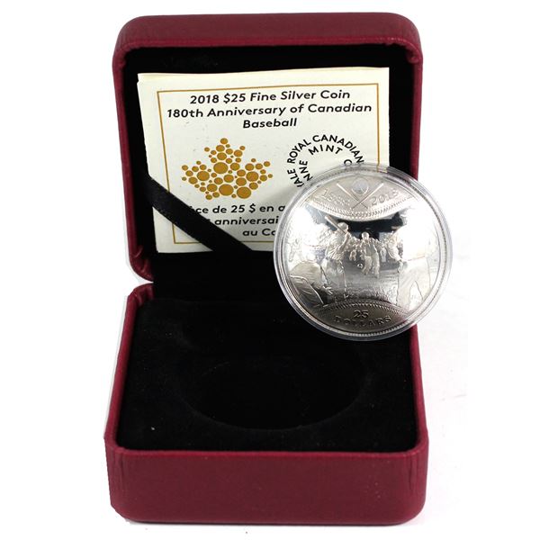 2018 Canada $25 180th Anniversary of Canadian Baseball Curved Fine Silver Coin Encapsulated in Red R
