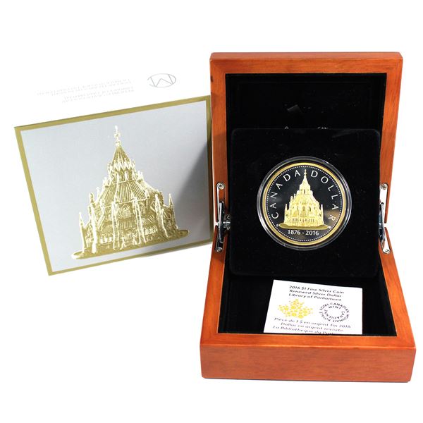 2016 Canada $1 Library of Parliament Renewed Silver Dollar Fine Silver with Gold Plating. (TAX Exemp