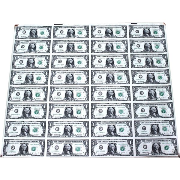 *United States Uncut Sheet of 32x $1 Banknotes, 2003 Series A, in 8x4 Format. Near pristine sheet co