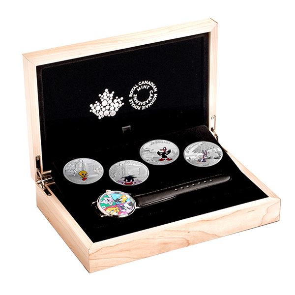 2015 Canada $20 Looney Tunes Classic Scenes 4-coin Fine Silver Coin Set with Commemorative Wristwatc