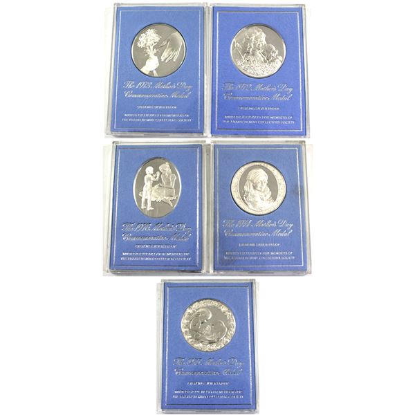 1972, 1973, 1974, 1975 & 1976 Mother's Day Sterling Silver Proof Commemorative Medals Minted Exclusi