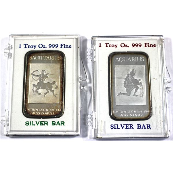 1oz National Refiners Sagittarius & Aquarius .999 Fine Silver Art Bars in Hard Plastic Holders. 2pcs