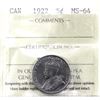 Image 1 : 1922 Canada 5-cent Near Rim ICCS Certified MS-64.