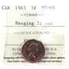 Image 1 : 1963 Canada 1-cent Hanging 3 ICCS Certified MS-65 Red.