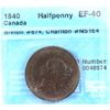 Image 1 : 1840 Nova Scotia Half Penny Token BR# 874 CH# NS1E4 Engrailed Edge Small O CCCS Certified EF-40.