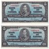 Image 1 : Consecutive 1937 $5 BC-23b Canada notes Gordon-Towers AU+ condition. 2pcs
