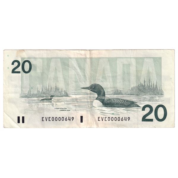 BC-58-N5-iv 1991 Bank of Canada $20, Low Serial # Bonin-Thiessen. S/N: EVE0000649 About VF with some