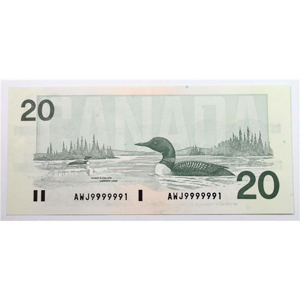 BC-58c 1991 Bank of Canada $20,  Unique Number   Knight-Thiessen. S/N: AWJ9999991 A EF-AU note with 