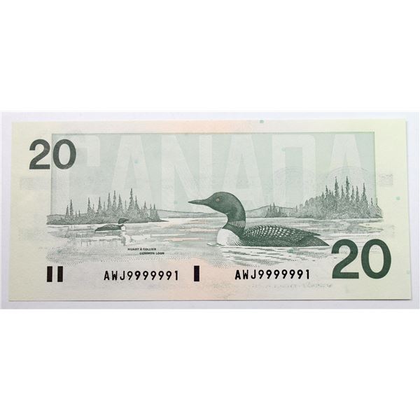 BC-58c 1991 Bank of Canada $20, "Unique Number"  Knight-Thiessen. S/N: AWJ9999991 A EF-AU note with 