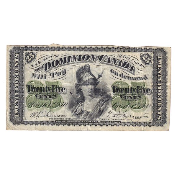 DC-1c 1870 Dominion Of Canada 25c, Plain Series .  A  Nice Solid F+ Note.