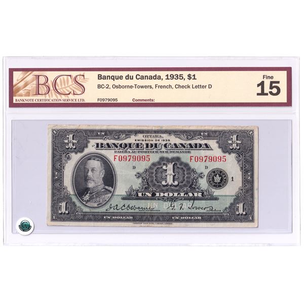 BC-2 1935 Bank of Canada $1, French  Osborne-Towers. S/N: F0979095-D BCS Certified Fine-15.
