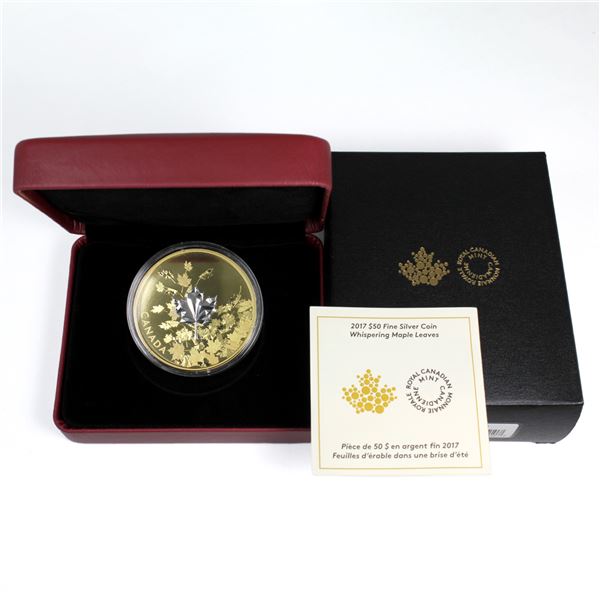 2017 Canada $50 Whispering Maple Leaves 3oz Gold Plated Fine Silver Coin. Mintage of only 3500. (Lig