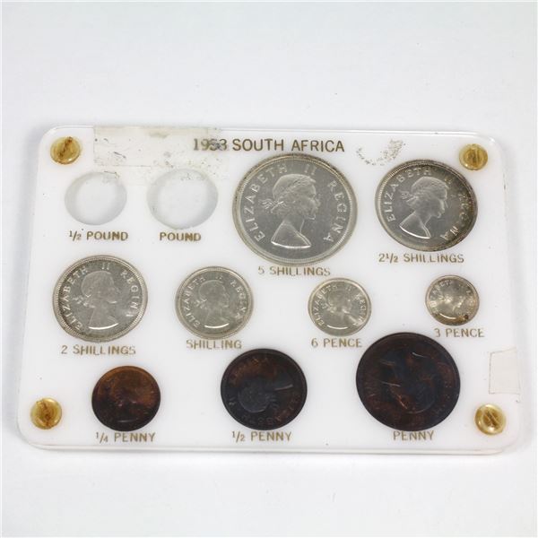 1953 South Africa Short Proof Set with 7 of 9 Coins in Hard Plastic Labeling the Denominations. Some