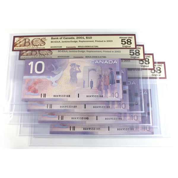 4 x BEK Prefix Canada $10 Notes in sequential order - BEK9533188-191 BCS Certified AU-58 Original. 4
