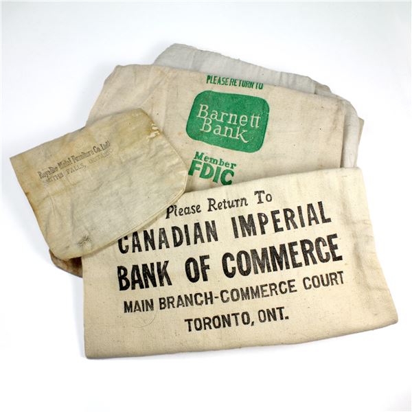 Estate Lot of 8x Original Banker's Burlap Bags. Two of the bags are marked CIBC and Barnett Bank. 8p