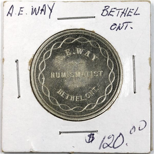 A.E. Way, Bethel Ont, Collector of Coins, Medals, Tokens, Indian Curios, Numismatist card token, 31m