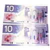 Image 1 : BC-63a 2001 Bank of Canada $10, 2x Sequential Knight-Thiessen. S/N: FDT4416677/678 Both Noted Nice C