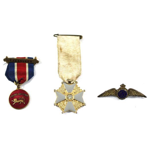 Lot of 3x Assorted Pins and Medals. Includes RCAF Wings Pin, Grey Enamel Cross White Ribbon Medal, a