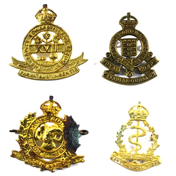 Lot of 4x Canadian Military Badges. Includes Royal Canadian Army Medical Corps Badge (discoloured), 