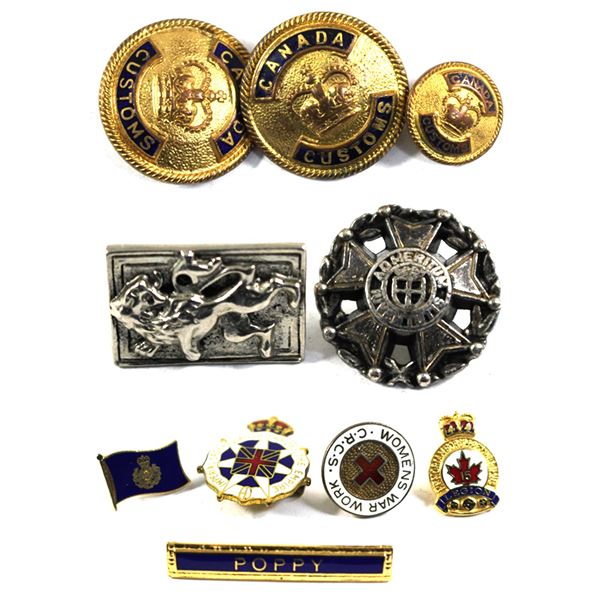 Lot of 10x Buttons and Pins. Including 2x Large Canada Customs and 1x Small Canada Customs Buttons, 
