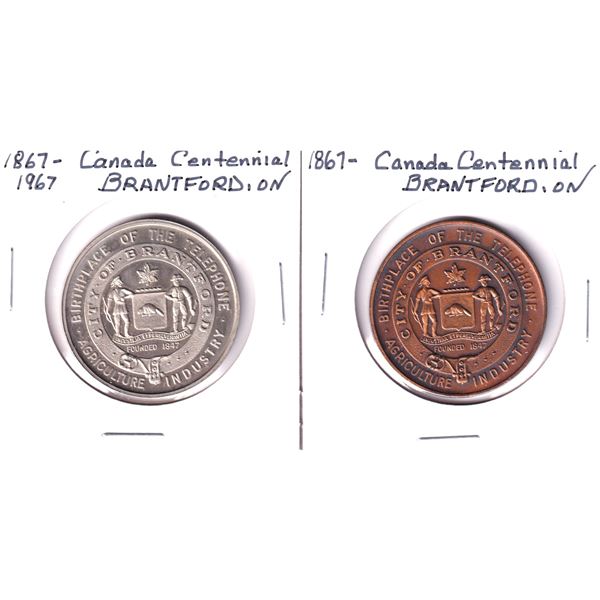 Lot of 2x 1867-1967 Canada Centennial Commemorative Token from Brantford, Ontario. Includes a copper