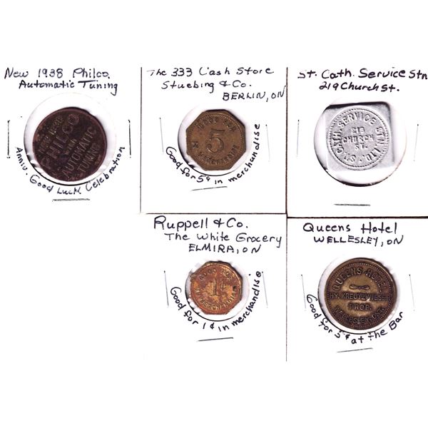 Lot of 5x Vintage Business Tokens. Includes St Catherine's Service Station, Queens Hotel in Wellesle