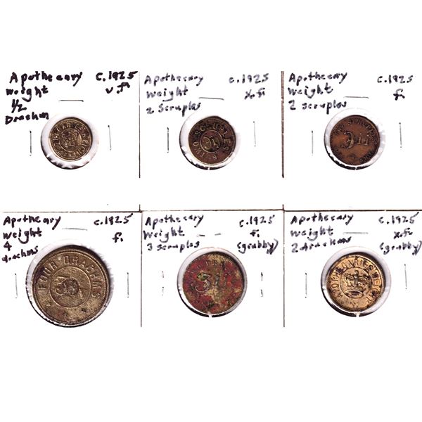 Lot of 6x 1925 Apothecary Weights. Includes 2x 2 Scruples, 1/2 Drachm, 2 Drachm, 3 Drachm, and 4 Dra