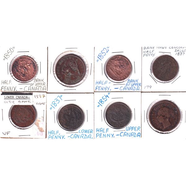 Mixed Estate Lot of Copper Bank Tokens 1800's. 8pcs. Good mixture. Please view the image for detail.