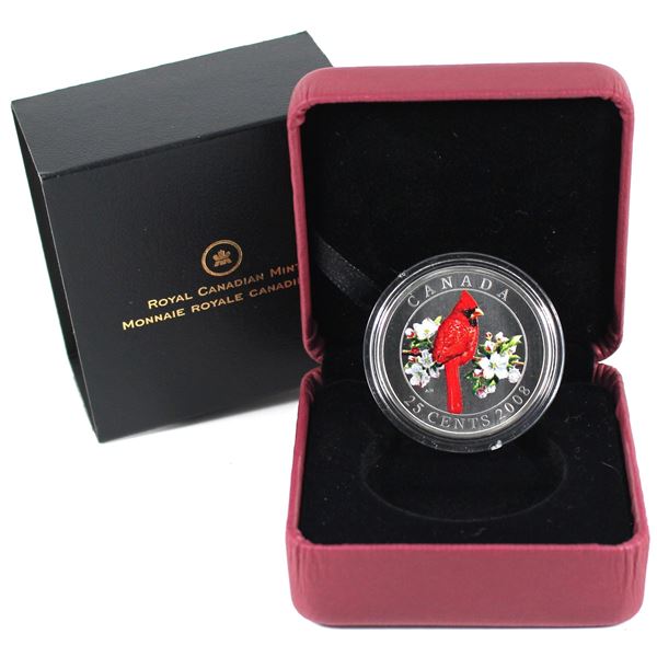 2008 25-cent Birds of Canada - Northern Cardinal. Includes outer cardboard sleeve, red clamshell, an