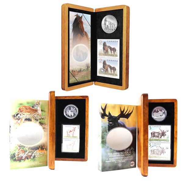 Lot of 3x RCM $5 Fine Silver Coin and Stamp Sets. Includes 2004 Majestic Moose, 2005 Deer and Fawn, 
