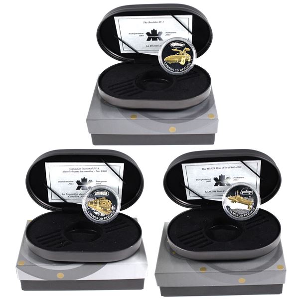 Lot of 3x 2003 Canada $20 Transportation Coins. Includes The Bricklin Car, The HMCS Bras d'or Ship, 