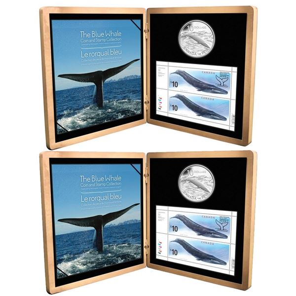 Lot of 2x 2010 Canada $10 Blue Whale Sterling Silver Coin and Stamp Set. One coin is toned, one slee