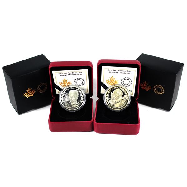 Lot of 2x 2015 Canada $20 Fathers of Confederation Fine Silver Coins. Includes John A Macdonald and 