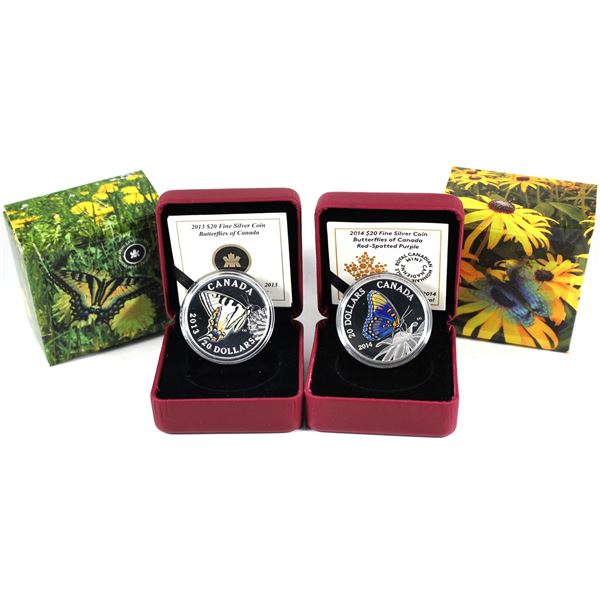 Lot of 2x 2013 & 2014 Canada $20 Butterflies of Canada Fine Silver Coins. Includes Canadian Tiger Sw