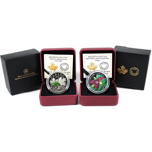 Lot of 2x 2014 Canada $20 Fine Silver Coins with Nature. Includes Majestic Maple Leaves with Jade, a