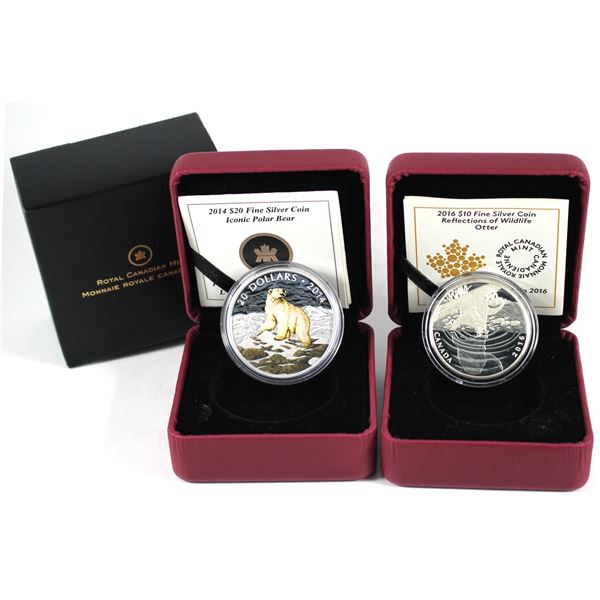 Lot of 2x 2014 & 2016 Canada $10 Fine Silver Coins with Animals. Includes 2014 Iconic Polar Bear, 20