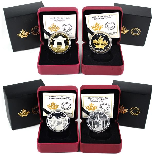 Lot of 4x 2014-2016 Canada $10 Fine Silver Coins. Including 2014 100th Anniversary of the Declaratio