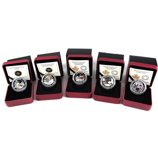 Lot of 5x 2013-2016 Canada $10 Ducks Fine Silver Coins. Including 2013 Mallard, 2014 Pintail, 2014 H