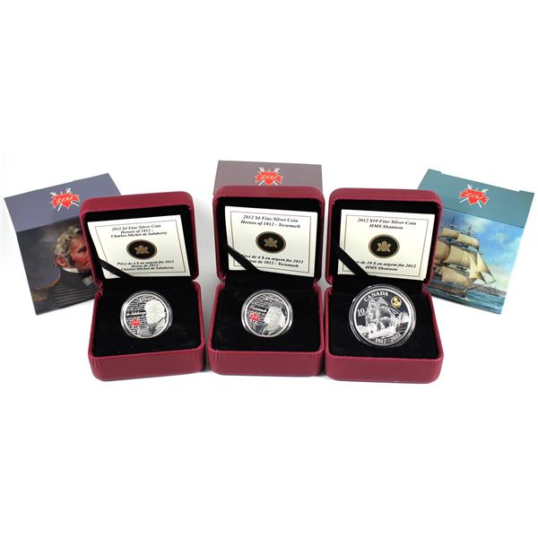 Lot of 3x 2012 & 2013 Canada $4 & $10 War of 1812 and Heroes of 1812 Fine Silver Coins. Includes 201