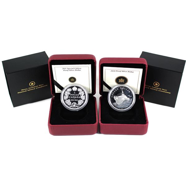 Lot of 2x 2012 & 2011 Canada Proof Silver Dollars. Includes 2010 Canadian Navy Centennial and 2011 S