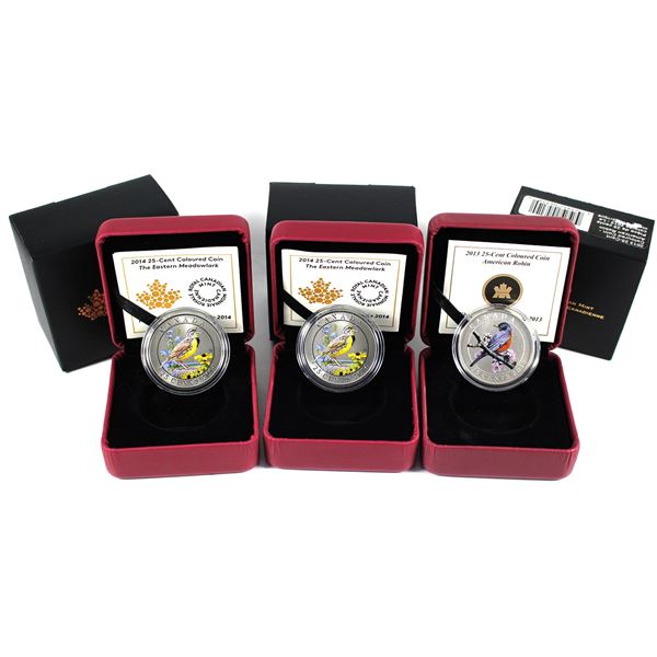 Lot of 3x 2013 & 2014 Canada 25-Cents Coloured Cupronickel Coins. Includes 2013 American Robin, and 