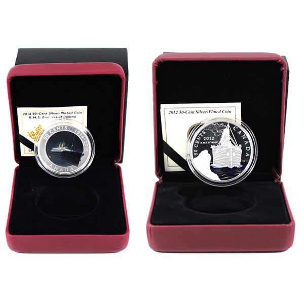 Lot of 2x 2012 & 2014 Canada 50-Cents Silver Plated Coins with Iconic Ships. Includes 2012 RMS Titan