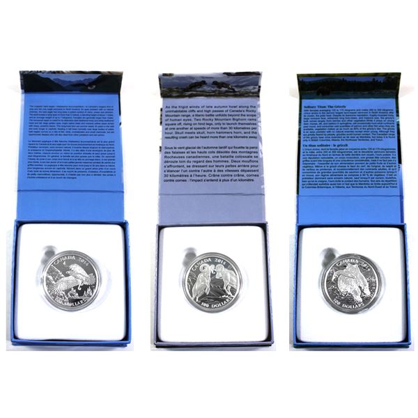 Lot of 3x 2014 Canada $100 for $100 Fine Silver Coins. Includes The Grizzly, The Majestic Bald Eagle