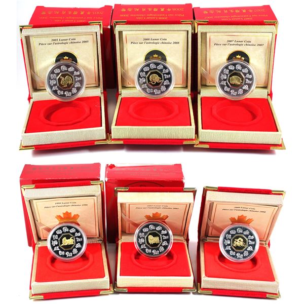 Lot of 6x 1998-2008 Canada $15 Lunar "Year of the" Sterling Silver Coins. Includes 1998 Tiger, 2000 