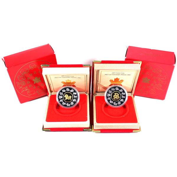 Lot of 2x 2001-2002 Canada $15 Lunar "Year of the" Sterling Silver Coins. Includes 2001 Snake and 20